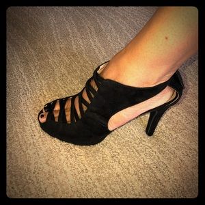 Black faux suede peep toe heels